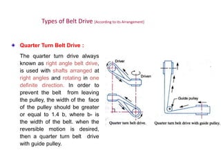 Quarter Turn Belt Drive :
The quarter turn drive always
known as right angle belt drive,
is used with shafts arranged at
right angles and rotating in one
definite direction. In order to
prevent the belt from leaving
the pulley, the width of the face
of the pulley should be greater
or equal to 1.4 b, where b- is
the width of the belt. when the
reversible motion is desired,
then a quarter turn belt drive
with guide pulley.
Types of Belt Drive [According to its Arrangement]
 