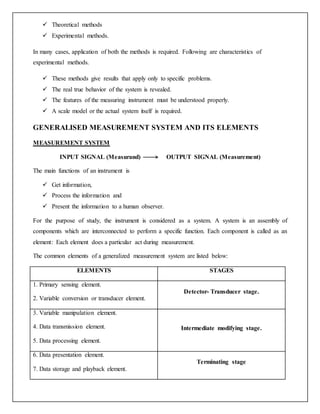  Theoretical methods
 Experimental methods.
In many cases, application of both the methods is required. Following are characteristics of
experimental methods.
 These methods give results that apply only to specific problems.
 The real true behavior of the system is revealed.
 The features of the measuring instrument must be understood properly.
 A scale model or the actual system itself is required.
GENERALISED MEASUREMENT SYSTEM AND ITS ELEMENTS
MEASUREMENT SYSTEM
INPUT SIGNAL (Measurand) OUTPUT SIGNAL (Measurement)
The main functions of an instrument is
 Get information,
 Process the information and
 Present the information to a human observer.
For the purpose of study, the instrument is considered as a system. A system is an assembly of
components which are interconnected to perform a specific function. Each component is called as an
element: Each element does a particular act during measurement.
The common elements of a generalized measurement system are listed below:
ELEMENTS STAGES
1. Primary sensing element.
2. Variable conversion or transducer element.
Detector- Transducer stage.
3. Variable manipulation element.
4. Data transmission element.
5. Data processing element.
Intermediate modifying stage.
6. Data presentation element.
7. Data storage and playback element.
Terminating stage
 