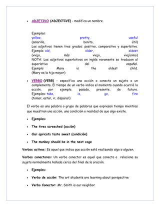 • ADJETIVO (ADJECTIVE) - modifica un nombre.
Ejemplos:
yellow, pretty, useful
(amarillo, bonito, útil)
Los adjetivos tienen tres grados: positivo, comparativo y superlativo.
Ejemplo: old, older, oldest
(viejo, más viejo, viejísimo)
NOTA: Los adjetivos superlativos en inglés raramente se traducen al
superlativo del español.
Ejemplo: Mary is the oldest child.
(Mary es la hija mayor)
• VERBO (VERB) - especifica una acción o conecta un sujeto a un
complemento. El tiempo de un verbo indica el momento cuando ocurrió la
acción, por ejemplo, pasado, presente, de futuro.
Ejemplos: take, is, go, fire
(tomar, estar, ir, disparar)
El verbo es una palabra o grupo de palabras que expresan tiempo mientras
que muestran una acción, una condición o realidad de que algo existe.
• Ejemplos:
• The tires screeched (acción)
• Our apricots taste sweet (condición)
• The monkey should be in the next cage
Verbos activos: Es aquel que indica que acción está realizando algo o alguien.
Verbos conectores: Un verbo conector es aquel que conecta o relaciona su
sujeto normalmente hallada cerca del final de la oración.
• Ejemplos:
• Verbo de acción: The art students are learning about perspective
• Verbo Conector: Mr. Smith is our neighbor
 