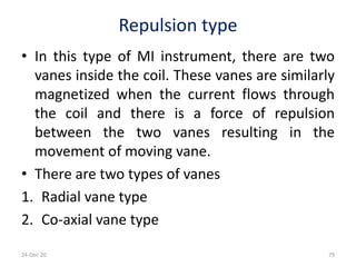 Repulsion type
• In this type of MI instrument, there are two
vanes inside the coil. These vanes are similarly
magnetized when the current flows through
the coil and there is a force of repulsion
between the two vanes resulting in the
movement of moving vane.
• There are two types of vanes
1. Radial vane type
2. Co-axial vane type
24-Dec-20 79
 
