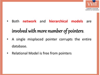 • Both network and hierarchical models are
involved with more number of pointers.
• A single misplaced pointer corrupts the entire
database.
• Relational Model is free from pointers
 
