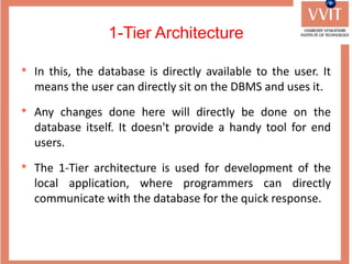1-Tier Architecture
• In this, the database is directly available to the user. It
means the user can directly sit on the DBMS and uses it.
• Any changes done here will directly be done on the
database itself. It doesn't provide a handy tool for end
users.
• The 1-Tier architecture is used for development of the
local application, where programmers can directly
communicate with the database for the quick response.
 