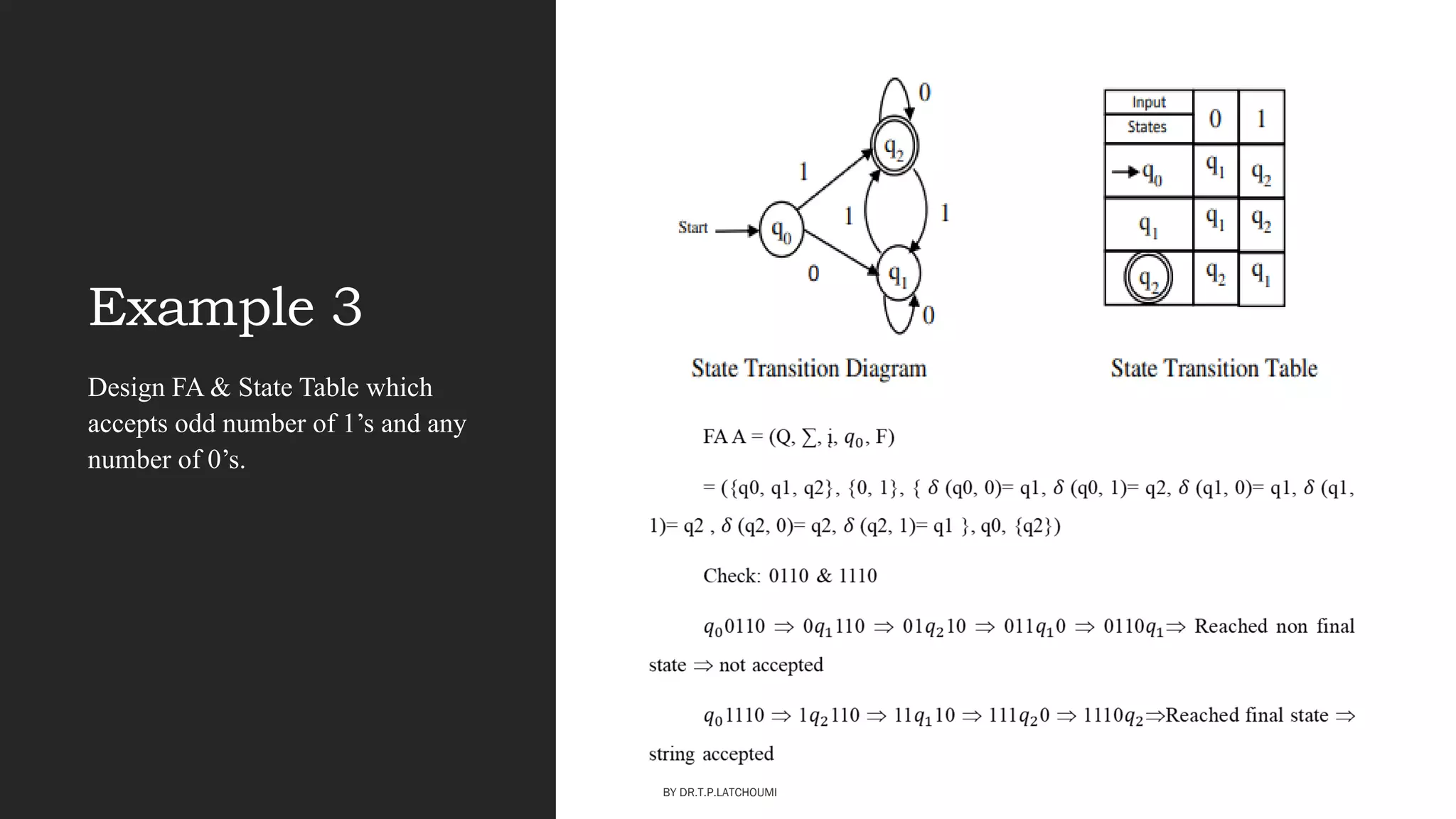Example 3
Design FA & State Table which
accepts odd number of 1‘s and any
number of 0‘s.
BY DR.T.P.LATCHOUMI
 