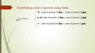 Establishing order of growth using limits
lim T(n)/g(n) =
0 order of growth of T(n) < order of growth of g(n)
c > 0 order of growth of T(n) = order of growth of g(n)
∞ order of growth of T(n) > order of growth of g(n)
n→∞
 