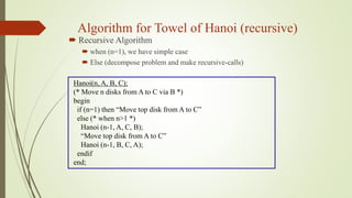 Algorithm for Towel of Hanoi (recursive)
 Recursive Algorithm
 when (n=1), we have simple case
 Else (decompose problem and make recursive-calls)
Hanoi(n, A, B, C);
(* Move n disks from A to C via B *)
begin
if (n=1) then “Move top disk from A to C”
else (* when n>1 *)
Hanoi (n-1, A, C, B);
“Move top disk from A to C”
Hanoi (n-1, B, C, A);
endif
end;
 