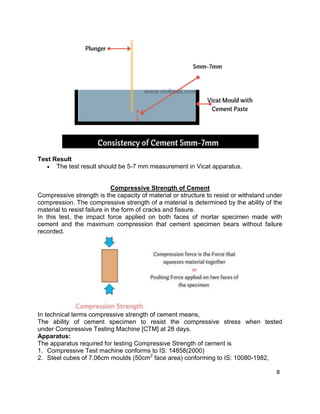 8
Test Result
 The test result should be 5-7 mm measurement in Vicat apparatus.
Compressive Strength of Cement
Compressive strength is the capacity of material or structure to resist or withstand under
compression. The compressive strength of a material is determined by the ability of the
material to resist failure in the form of cracks and fissure.
In this test, the impact force applied on both faces of mortar specimen made with
cement and the maximum compression that cement specimen bears without failure
recorded.
In technical terms compressive strength of cement means,
The ability of cement specimen to resist the compressive stress when tested
under Compressive Testing Machine [CTM] at 28 days.
Apparatus:
The apparatus required for testing Compressive Strength of cement is
1. Compressive Test machine conforms to IS: 14858(2000)
2. Steel cubes of 7.06cm moulds (50cm2
face area) conforming to IS: 10080-1982,
 