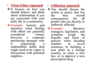 • Virtue Ethics Approach
 It focuses on how you
should behave and think
about relationships if you
are concerned with your
daily life in a community.
 Example- honesty and
openness when dealing
with others are generally
considered virtues;
however, a corporate
purchasing manager who
is negotiating a
multimillion dollar deal
might need to be vague in
discussions with potential
suppliers.
• Utilitarian Approach
 You should choose the
action or policy that has
the best overall
consequences for all
people who are directly or
indirectly affected.
 Example- Business
managers, legislators, and
scientists weigh the
benefits and harm of
policies when deciding
whether to invest
resources in building a
new plant in a foreign
country, to enact a new
law, or to approve a new
prescription drug.
 