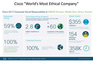 Cisco “World’s Most Ethical Company”
1. It believes “A strong commitment to ethics is critical to our
long-term success as a company. Any success that is not achieved
ethically is no success at all.
2. Cisco conducts numerous programs aimed at fulfilling what it
sees as its corporate social responsibilities, Donations, manages
energy and greenhouse emission generated by its operations.
 