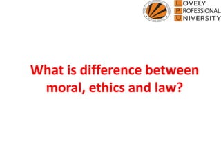 What is difference between
moral, ethics and law?
 