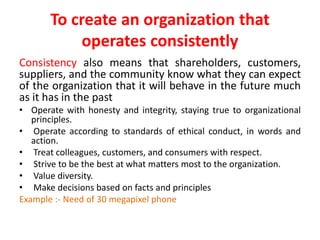 To create an organization that
operates consistently
Consistency also means that shareholders, customers,
suppliers, and the community know what they can expect
of the organization that it will behave in the future much
as it has in the past
• Operate with honesty and integrity, staying true to organizational
principles.
• Operate according to standards of ethical conduct, in words and
action.
• Treat colleagues, customers, and consumers with respect.
• Strive to be the best at what matters most to the organization.
• Value diversity.
• Make decisions based on facts and principles
Example :- Need of 30 megapixel phone
 