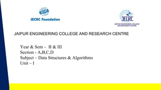 1
Year & Sem – II & III
Section - A,B,C,D
Subject – Data Structures & Algorithms
Unit – I
JAIPUR ENGINEERING COLLEGE AND RESEARCH CENTRE
 