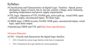 Syllabus:
Classification and Characteristics of digital Logic Families: -Speed, power
dissipation, figure of merit, fan in, fan out, current, voltage, noise immunity,
operating temperatures and power supply requirements.
TTL logic. Operation of TTL NAND gate, active pull up, wired AND, open
collector output, unconnected inputs. Tri-State logic.
CMOS logic: CMOS inverter, NAND, NOR gates, unconnected inputs, wired
logic, open drain output.
Interfacing CMOS and TTL and Data sheet specifications
Course Outcome:
CO1: Classify and characterize the digital logic families
• CO1.1 Classify the various Logic families on the basis of components
• CO1.2 Characterize the Logic families for various parameters.
 