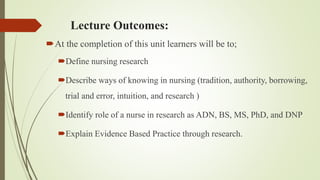 Lecture Outcomes:
At the completion of this unit learners will be to;
Define nursing research
Describe ways of knowing in nursing (tradition, authority, borrowing,
trial and error, intuition, and research )
Identify role of a nurse in research as ADN, BS, MS, PhD, and DNP
Explain Evidence Based Practice through research.
 