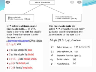 DFA refers to deterministic
finite automata. ... In DFA,
there is only one path for specific
input from the current state to
the next state.
The finite automata are
called NFA when there exist many
paths for specific input from the
current state to the next state.
 