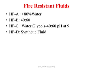 Fire Resistant Fluids
• HF-A : >80%Water
• HF-B: 40:60
• HF-C : Water Glycols-40:60 pH at 9
• HF-D: Synthetic Fluid
JCOE,KURAN (Gorade N.B)
 