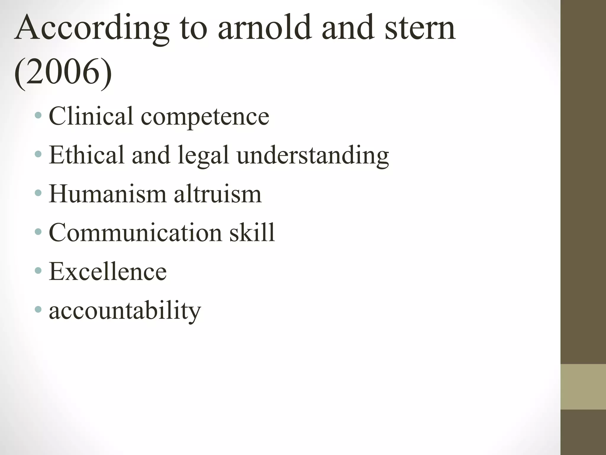 According to arnold and stern
(2006)
• Clinical competence
• Ethical and legal understanding
• Humanism altruism
• Communication skill
• Excellence
• accountability
 