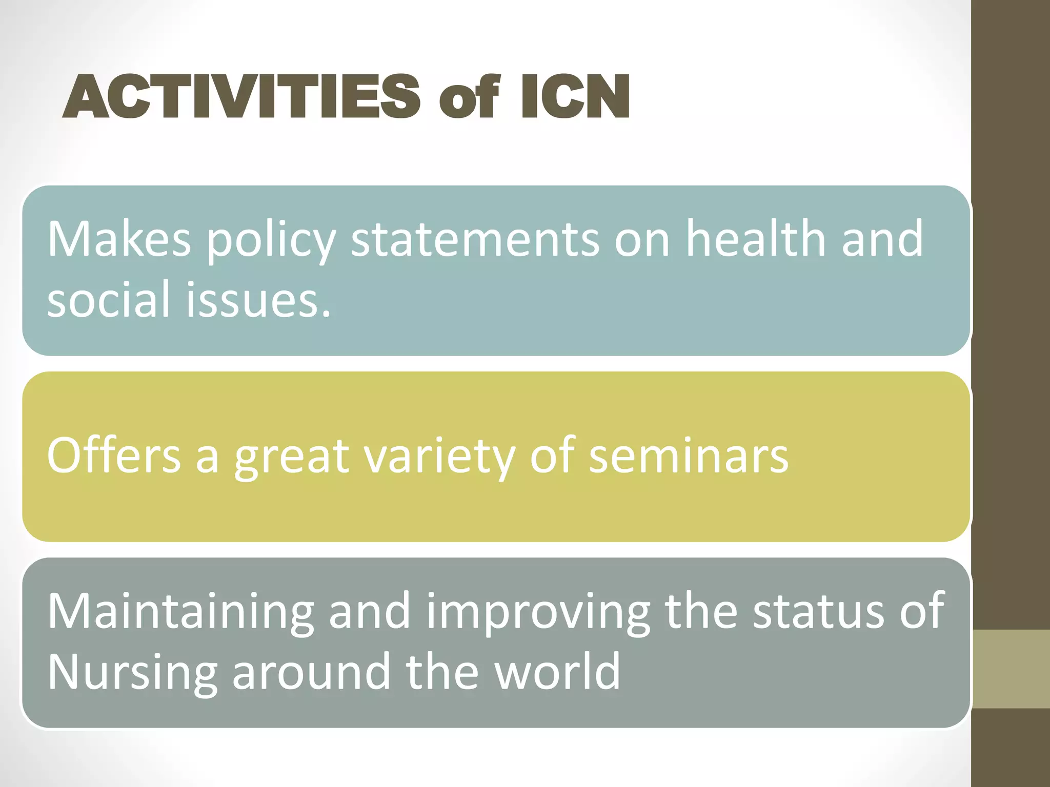 ACTIVITIES of ICN
Makes policy statements on health and
social issues.
Offers a great variety of seminars
Maintaining and improving the status of
Nursing around the world
 