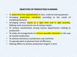 OBJECTIVES OF PRODUCTION PLANNING
• To determine the requirements of men, material and equipment.
• Arranging production schedules according to the needs of
marketing demand.
• Arranging various inputs at a right time and in right quantity.
Making most economical use of various inputs.
• To achieve coordination among various departments relating to
production.
• To make all arrangements to remove possible obstacles in the way
of smooth production.
• To achieve economy in production cost and time.
• To operate plant at planned level of efficiency.
• Making efforts to achieve production targets in time.
 