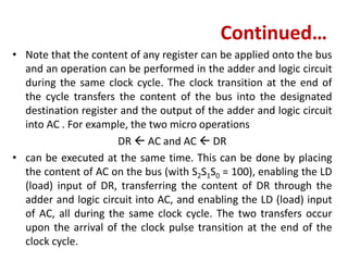 Continued…
• Note that the content of any register can be applied onto the bus
and an operation can be performed in the adder and logic circuit
during the same clock cycle. The clock transition at the end of
the cycle transfers the content of the bus into the designated
destination register and the output of the adder and logic circuit
into AC . For example, the two micro operations
DR  AC and AC  DR
• can be executed at the same time. This can be done by placing
the content of AC on the bus (with S2S1S0 = 100), enabling the LD
(load) input of DR, transferring the content of DR through the
adder and logic circuit into AC, and enabling the LD (load) input
of AC, all during the same clock cycle. The two transfers occur
upon the arrival of the clock pulse transition at the end of the
clock cycle.
 
