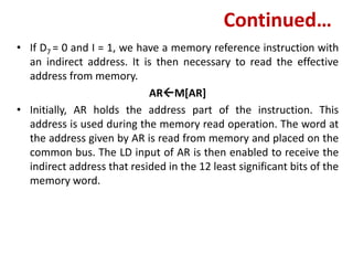 Continued…
• If D7 = 0 and I = 1, we have a memory reference instruction with
an indirect address. It is then necessary to read the effective
address from memory.
ARM[AR]
• Initially, AR holds the address part of the instruction. This
address is used during the memory read operation. The word at
the address given by AR is read from memory and placed on the
common bus. The LD input of AR is then enabled to receive the
indirect address that resided in the 12 least significant bits of the
memory word.
 