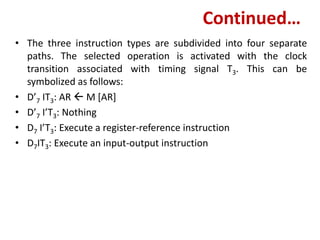 Continued…
• The three instruction types are subdivided into four separate
paths. The selected operation is activated with the clock
transition associated with timing signal T3. This can be
symbolized as follows:
• D’7 IT3: AR  M [AR]
• D’7 I’T3: Nothing
• D7 I’T3: Execute a register-reference instruction
• D7IT3: Execute an input-output instruction
 