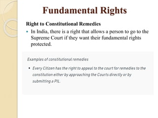 Fundamental Rights
Right to Constitutional Remedies
 In India, there is a right that allows a person to go to the
Supreme Court if they want their fundamental rights
protected.
 