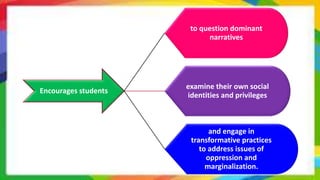 Encourages students
to question dominant
narratives
examine their own social
identities and privileges
and engage in
transformative practices
to address issues of
oppression and
marginalization.
 