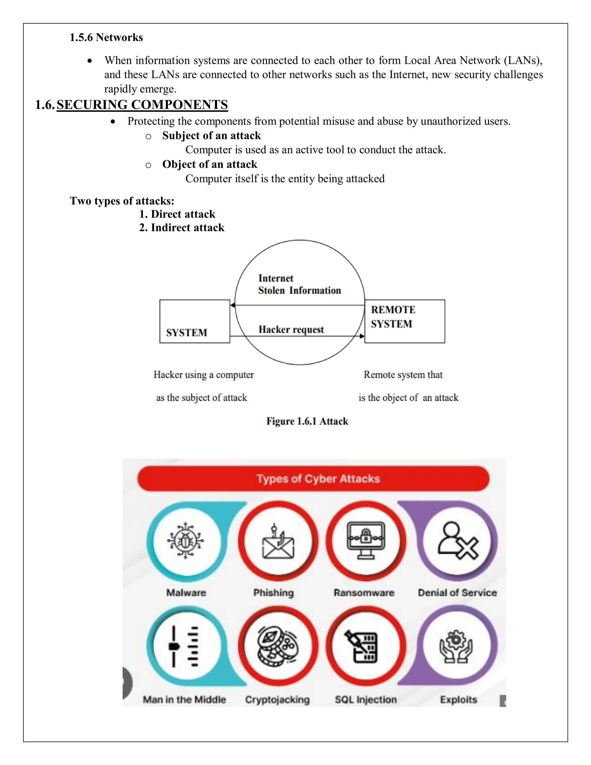 1.5.6 Networks
 When information systems are connected to each other to form Local Area Network (LANs),
and these LANs are connected to other networks such as the Internet, new security challenges
rapidly emerge.
1.6.SECURING COMPONENTS
 Protecting the components from potential misuse and abuse by unauthorized users.
o Subject of an attack
Computer is used as an active tool to conduct the attack.
o Object of an attack
Computer itself is the entity being attacked
Two types of attacks:
1. Direct attack
2. Indirect attack
 