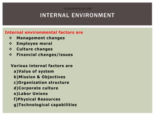 Internal environmental factors are
 Management changes
 Employee moral
 Culture changes
 Financial changes/issues
Various internal factors are
a)Value of system
b)Mission & Objectives
c)Organization structure
d)Corporate culture
e)Labor Unions
f)Physical Resources
g)Technological capabilities
INTERNAL ENVIRONMENT
STUDENTSFOCUS.COM
 