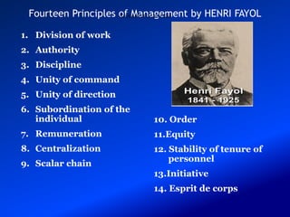 Fourteen Principles of Management by HENRI FAYOL
1. Division of work
2. Authority
3. Discipline
4. Unity of command
5. Unity of direction
6. Subordination of the
individual
7. Remuneration
8. Centralization
9. Scalar chain
10. Order
11.Equity
12. Stability of tenure of
personnel
13.Initiative
14. Esprit de corps
STUDENTSFOCUS.COM
 