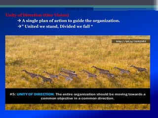 Unity of Direction (One Vision)
 A single plan of action to guide the organization.
” United we stand, Divided we fall “
STUDENTSFOCUS.COM
 