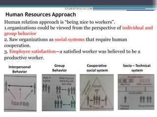 Human Resources Approach
Human relation approach is “being nice to workers”.
1.organizations could be viewed from the perspective of individual and
group behavior
2. Saw organizations as social systems that require human
cooperation.
3. Employee satisfaction—a satisfied worker was believed to be a
productive worker.
Interpersonal
Behavior
Group
Behavior
Cooperative
social system
Socio – Technical
system
STUDENTSFOCUS.COM
 