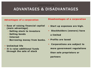 Advantages of a corporation
 Ease of raising financial capital
(main advantage)
 Selling stock to investors
 Selling bonds
 Interest
 Borrowing money from banks.
 Unlimited life
 It is raise additional funds
through the sale of stock
Disadvantages of a corporation
 Start up expenses are high.
 Stockholders (owners) have
a limited
 Profits are taxed
 Corporations are subject to
more government regulations
than sole proprietors or
partners
ADVANTAGES & DISADVANTAGES
STUDENTSFOCUS.COM
 