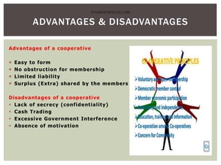 Advantages of a cooperative
 Easy to form
 No obstruction for membership
 Limited liability
 Surplus (Extra) shared by the members
Disadvantages of a cooperative
 Lack of secrecy (confidentiality)
 Cash Trading
 Excessive Government Interference
 Absence of motivation
ADVANTAGES & DISADVANTAGES
STUDENTSFOCUS.COM
 