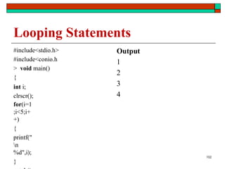 102
Looping Statements
#include<stdio.h>
#include<conio.h
> void main()
{
int i;
clrscr();
for(i=1
;i<5;i+
+)
{
printf("
n
%d",i);
}
Output
1
2
3
4
 