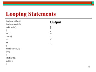 105
Looping Statements
#include<stdio.h>
#include<conio.h>
void main()
{
int i;
clrscr();
i=1;
do
{
printf("n%d",i);
i++;
}
while(i<5);
getch();
}
Output
1
2
3
4
 