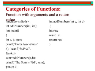 Categories of Functions:
Function with arguments and a return
value
#include<stdio.h>
int addNumbers(int, int);
int main()
{
int a, b, sum;
printf(“Enter two values:
n); scanf(“%d%d”,
&a,&b);
sum=addNumbers(a,b);
printf(“The Sum is:%d”, sum);
return 0;
}
int addNumbers(int c, int d)
{
int res;
res=c+d;
return res;
}
 