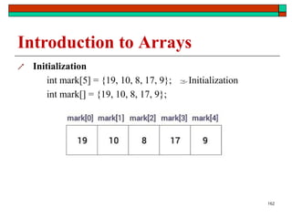 Introduction to Arrays
 Initialization
int mark[5] = {19, 10, 8, 17, 9};
int mark[] = {19, 10, 8, 17, 9};
Initialization
162
 