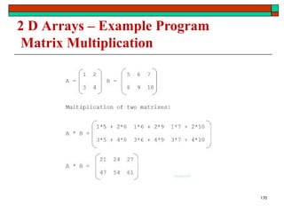 2 D Arrays – Example Program
Matrix Multiplication
170
 