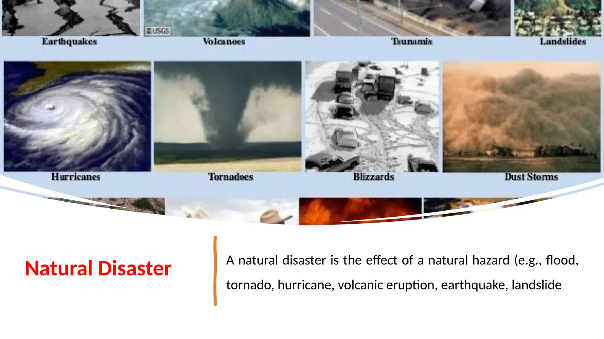 Natural Disaster A natural disaster is the effect of a natural hazard (e.g., flood,
tornado, hurricane, volcanic eruption, earthquake, landslide
 