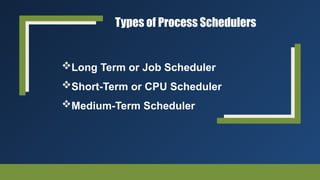 Types of Process Schedulers
Long Term or Job Scheduler
Short-Term or CPU Scheduler
Medium-Term Scheduler
 