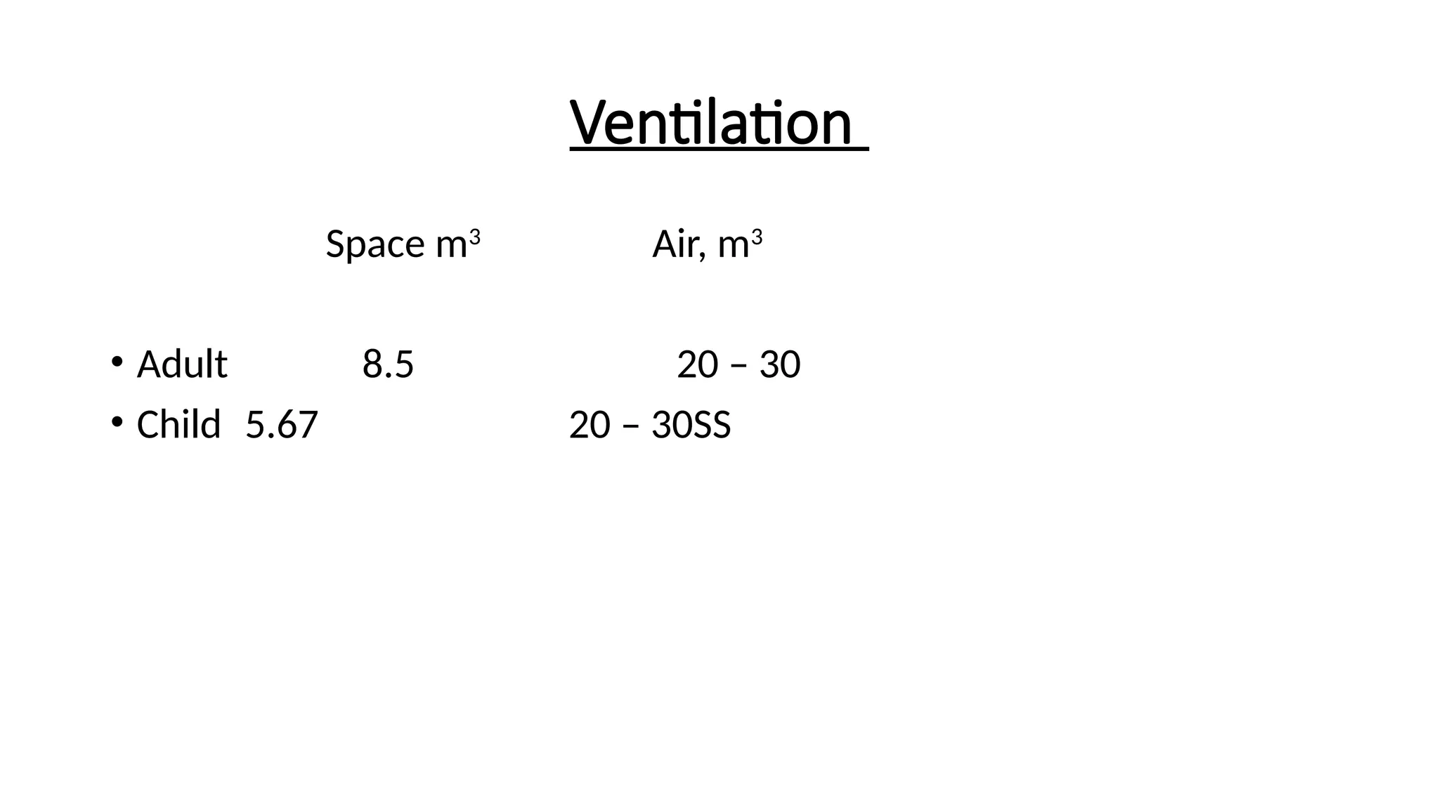 Ventilation
Space m3
Air, m3
• Adult 8.5 20 – 30
• Child 5.67 20 – 30SS
 