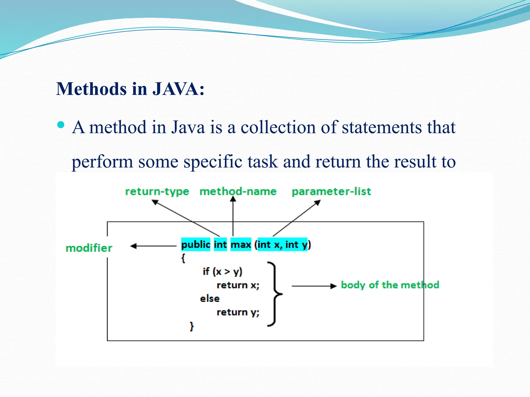 Methods in JAVA:  A method in Java is a collection of statements that perform some specific task and return the result to the caller. 
