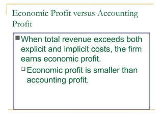 Economic Profit versus Accounting
Profit
When total revenue exceeds both
explicit and implicit costs, the firm
earns economic profit.
 Economic profit is smaller than
accounting profit.
 