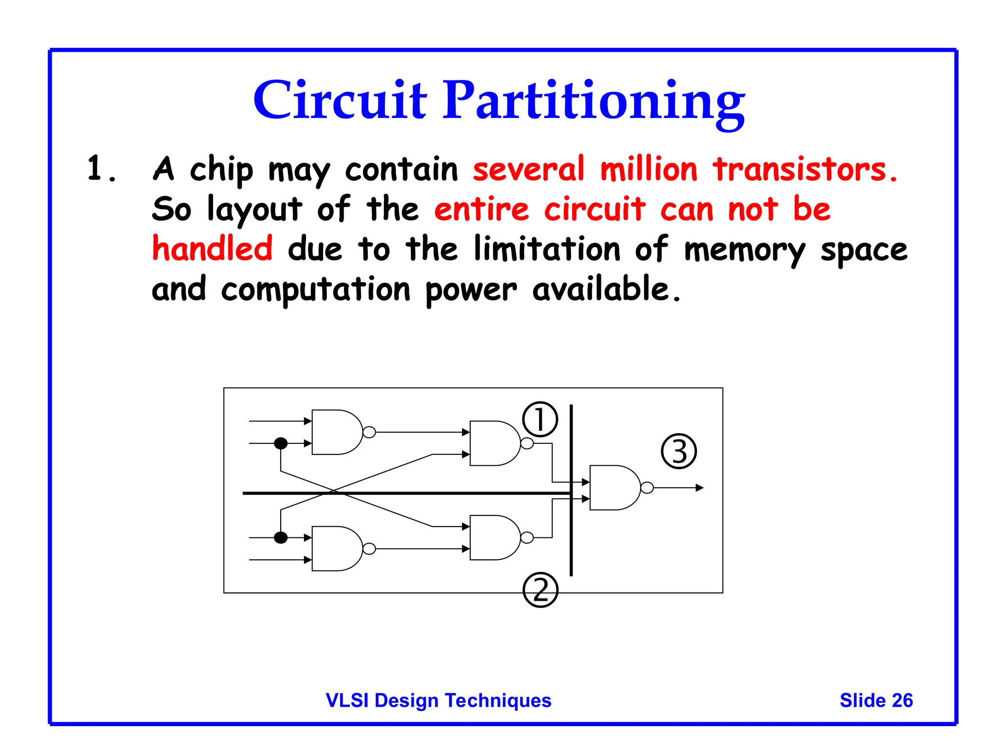 Slide 26
VLSI Design Techniques
Circuit Partitioning
1. A chip may contain several million transistors.
So layout of the entire circuit can not be
handled due to the limitation of memory space
and computation power available.



 