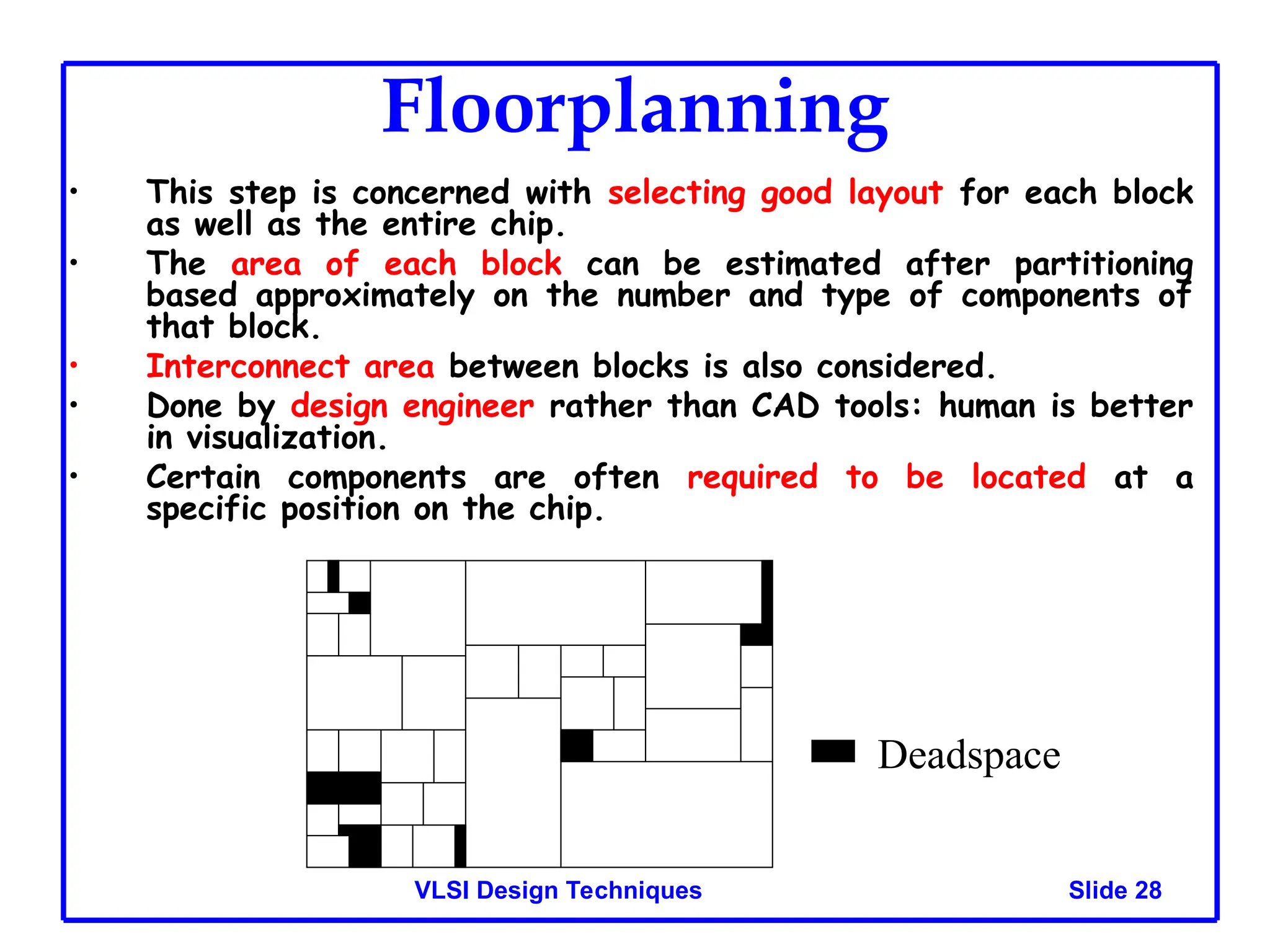 Slide 28
VLSI Design Techniques
Floorplanning
• This step is concerned with selecting good layout for each block
as well as the entire chip.
• The area of each block can be estimated after partitioning
based approximately on the number and type of components of
that block.
• Interconnect area between blocks is also considered.
• Done by design engineer rather than CAD tools: human is better
in visualization.
• Certain components are often required to be located at a
specific position on the chip.
Deadspace
 