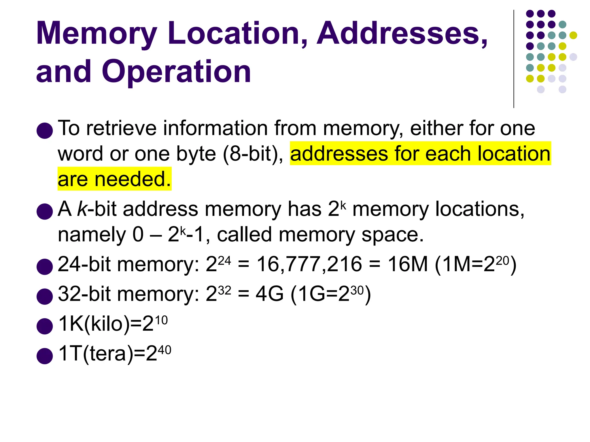Memory Location, Addresses,
and Operation
● To retrieve information from memory, either for one
word or one byte (8-bit), addresses for each location
are needed.
● A k-bit address memory has 2k
memory locations,
namely 0 – 2k
-1, called memory space.
● 24-bit memory: 224
= 16,777,216 = 16M (1M=220
)
● 32-bit memory: 232
= 4G (1G=230
)
● 1K(kilo)=210
● 1T(tera)=240
 
