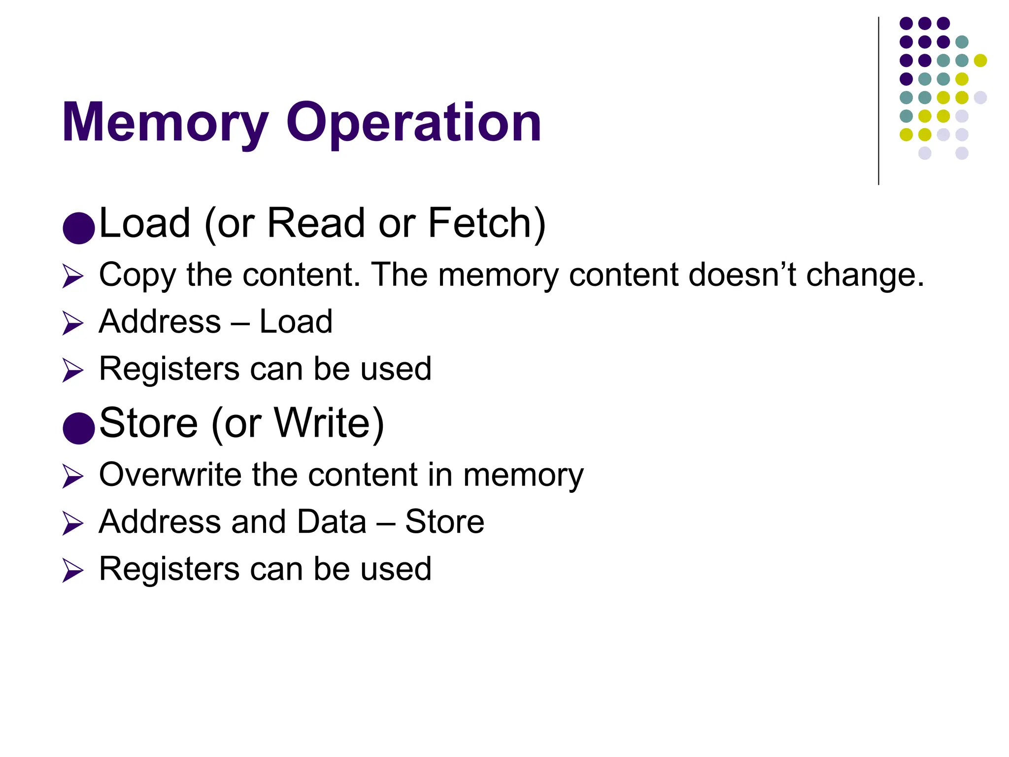 Memory Operation
●Load (or Read or Fetch)
⮚ Copy the content. The memory content doesn’t change.
⮚ Address – Load
⮚ Registers can be used
●Store (or Write)
⮚ Overwrite the content in memory
⮚ Address and Data – Store
⮚ Registers can be used
 