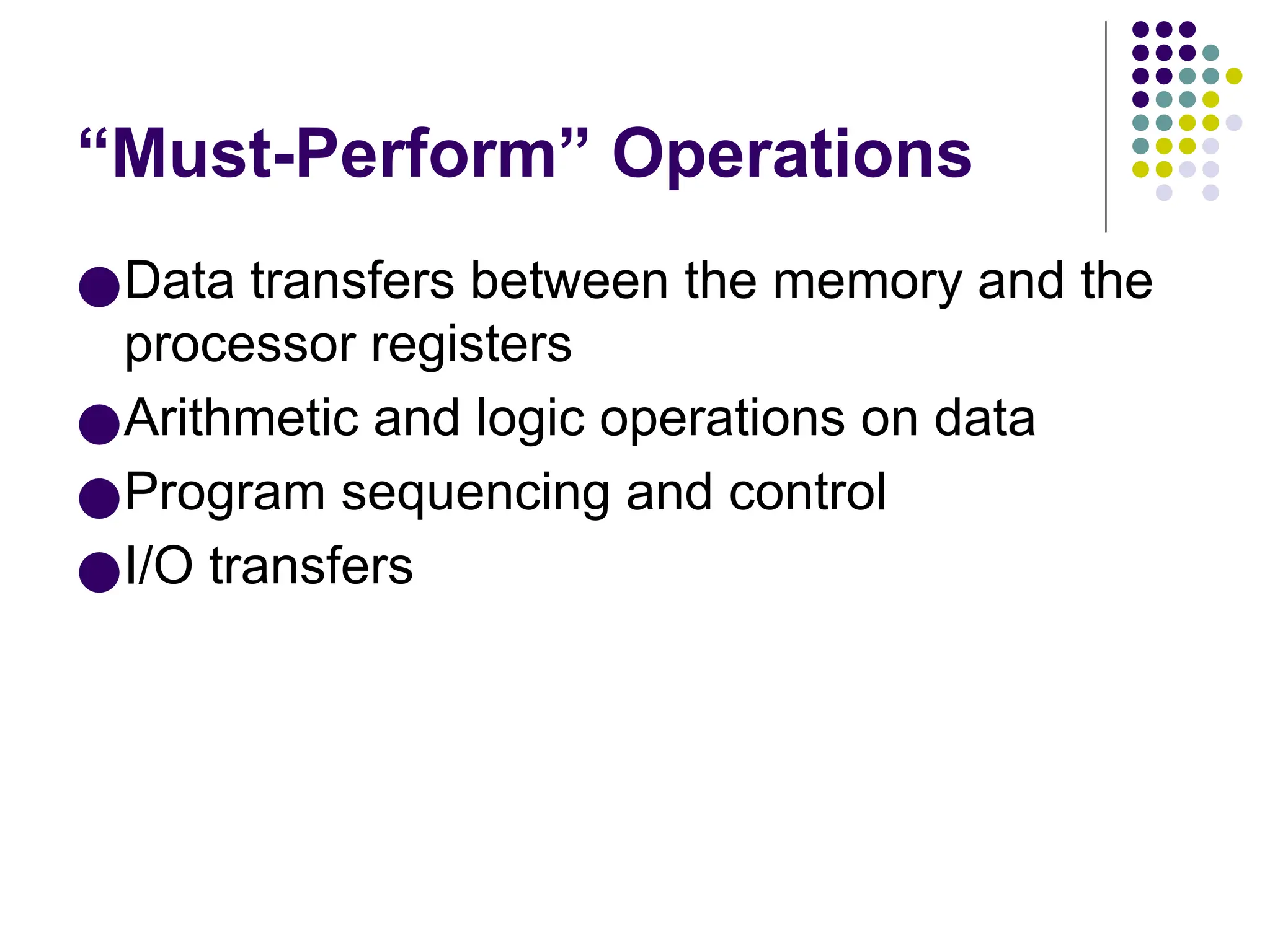 “Must-Perform” Operations
●Data transfers between the memory and the
processor registers
●Arithmetic and logic operations on data
●Program sequencing and control
●I/O transfers
 