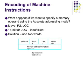 Encoding of Machine
Instructions
● What happens if we want to specify a memory
operand using the Absolute addressing mode?
● Move R2, LOC
● 14-bit for LOC – insufficient
● Solution – use two words
(b) Two-word
instruction
Memory address/Immediate
operand
OP code Sourc
e
Des
t
Other
info
 